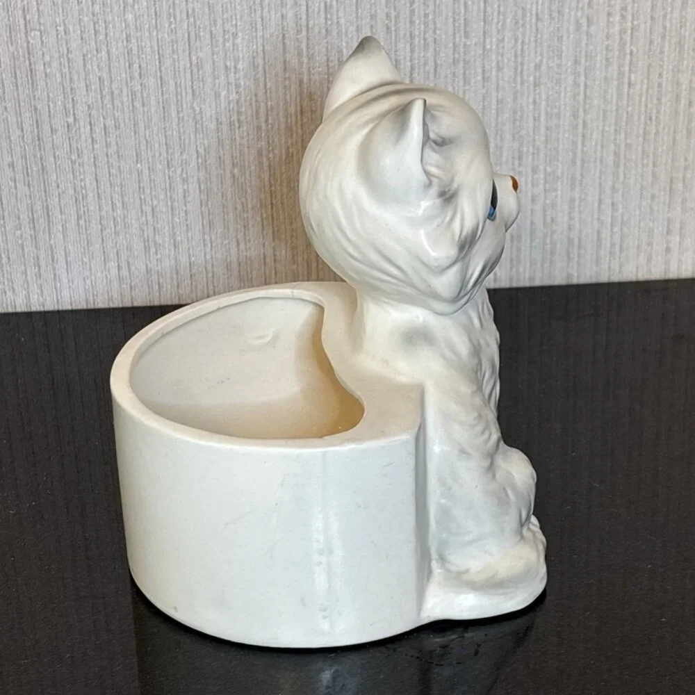 Lefton White Cat Planter Figurine Blue Eyes Mid Century Tabby Kitty Japan 60s - Picture 4 of 10